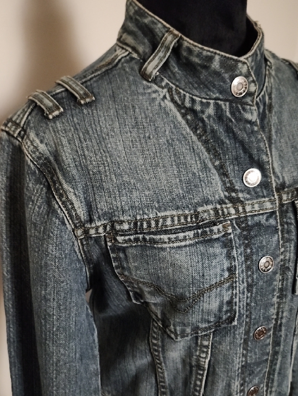 Harley-Davidson Denim Jacket Large Embroidered Logo Leather Trim Snap Front Zip - Picture 6 of 16